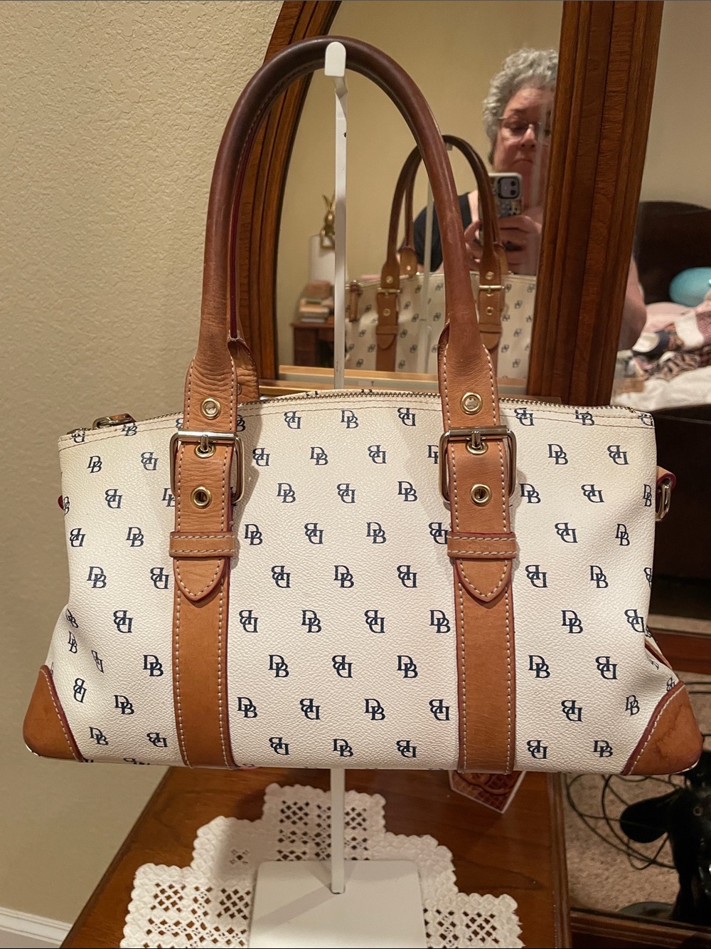 Dooney & Bourke White Logo Satchel with Brown Leather Trim - Picture 3 of 9